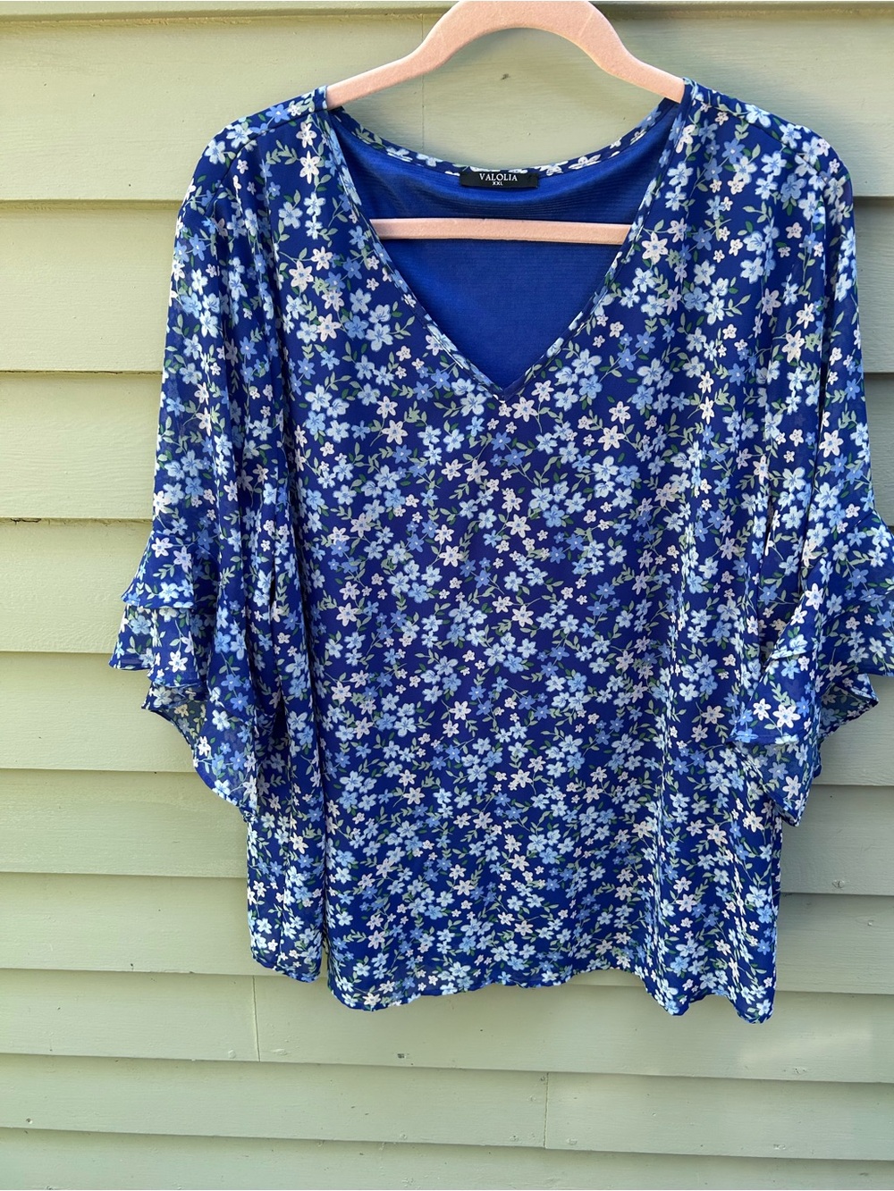 Valolia Blue Floral V-Neck Ruffle-Sleeve Blouse